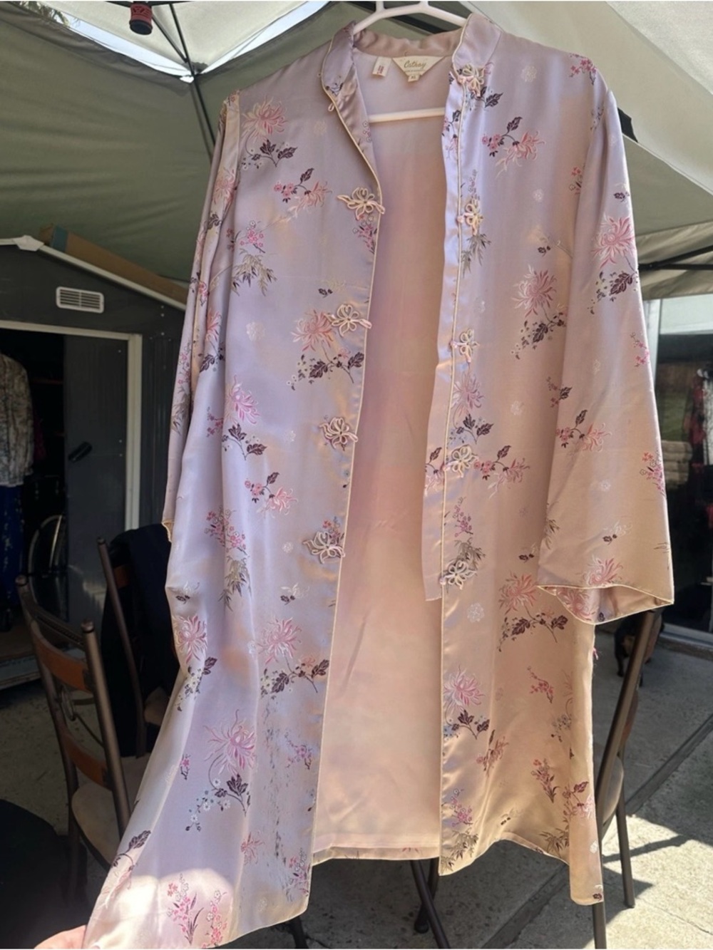 Lavender Floral Satin Kimono Robe with Frog Closures